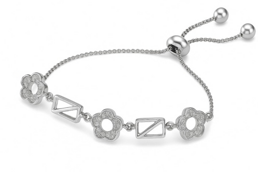 Elegant silver Sparkling Flower & Line Bolo Bracele