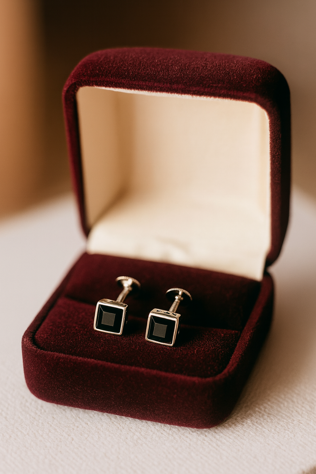 Silver Square Studs with Jet Black Gem