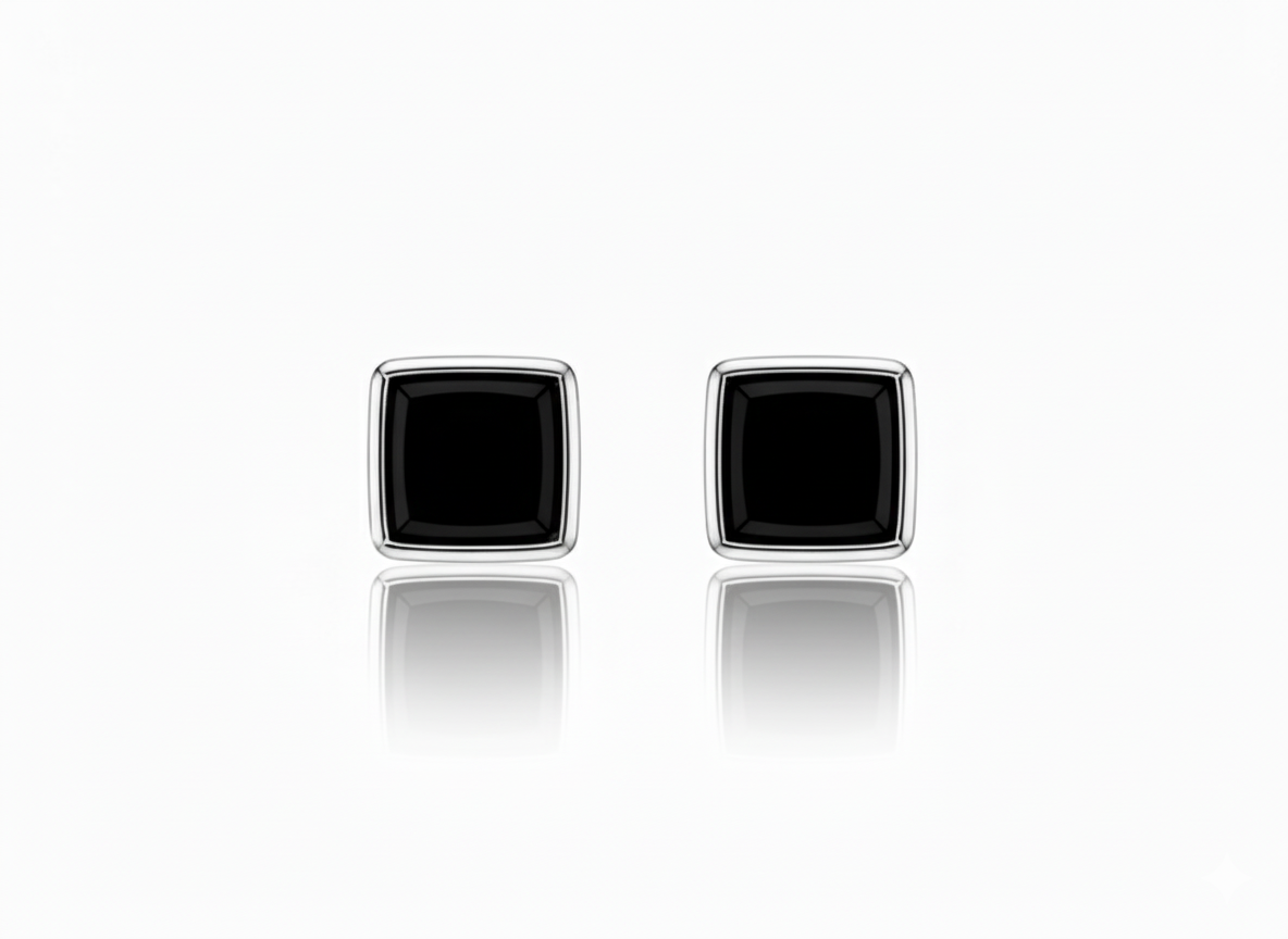 Silver Square Studs with Jet Black Gem