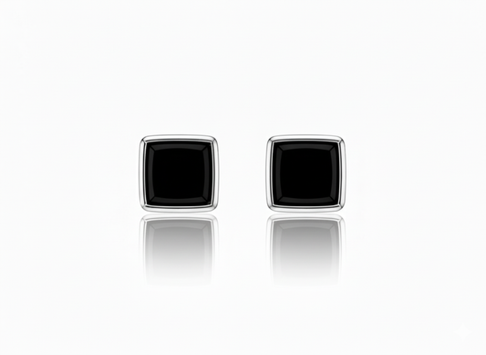 Silver Square Studs with Jet Black Gem