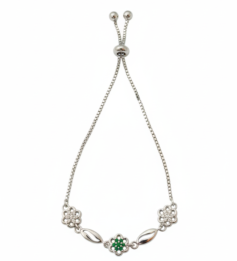 Elegant Silver-Tone Floral Bolo with Green Center