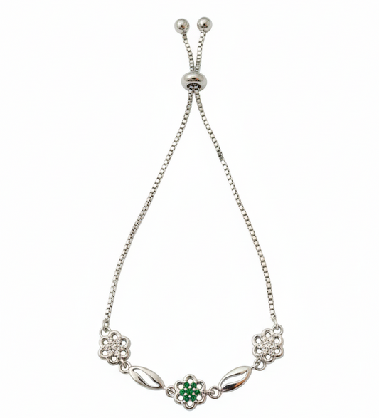 Elegant Silver-Tone Floral Bolo with Green Center