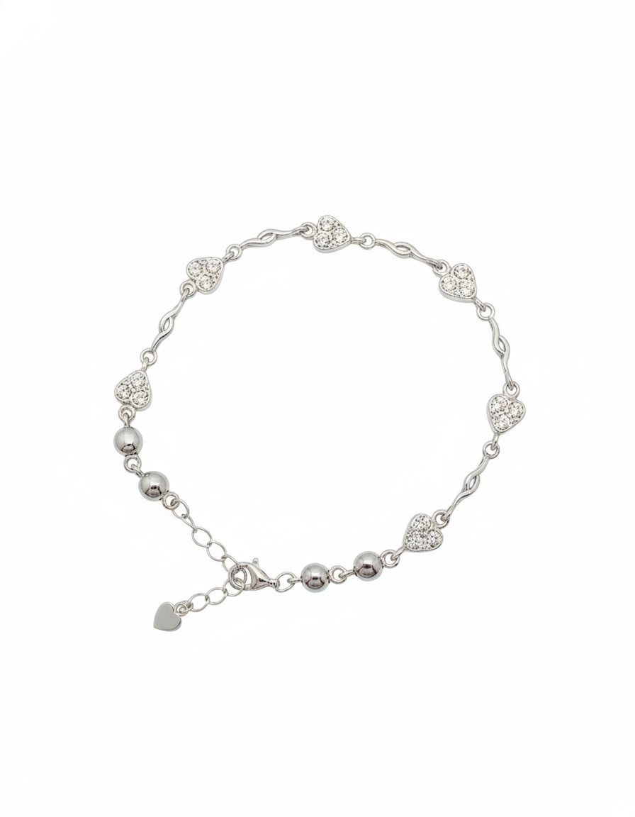 Silver Tone Crystal Heart & Bead Bracelet