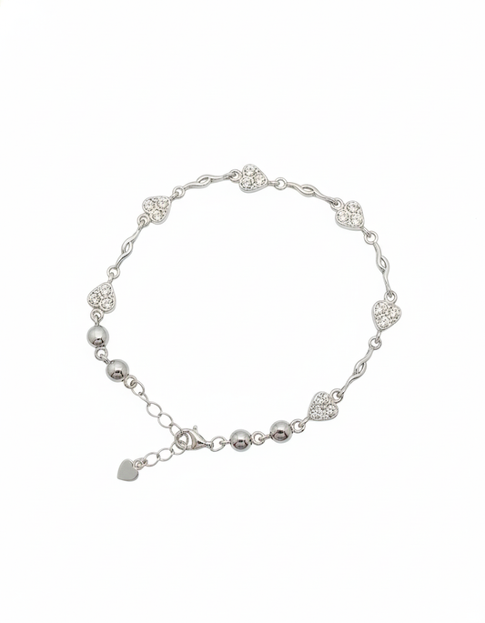 Silver Tone Crystal Heart & Bead Bracelet