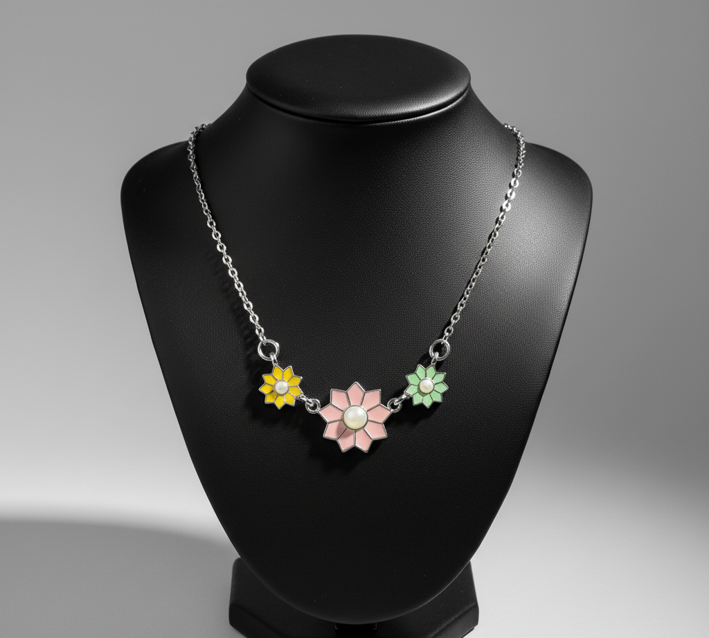 Delicate sterling silver necklace featuring three colorful floral charms