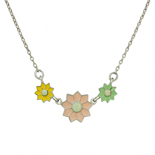 Delicate sterling silver necklace featuring three colorful floral charms