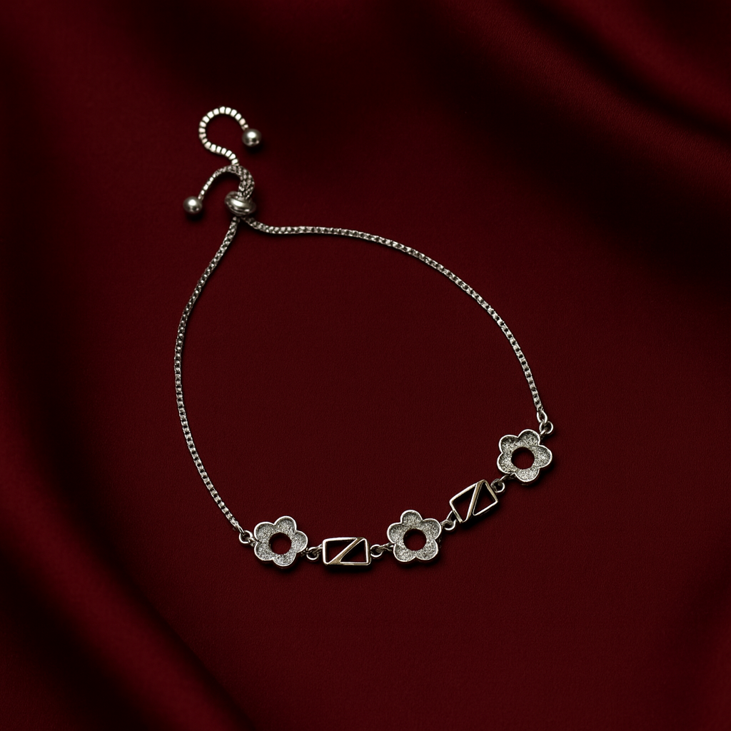Elegant silver Sparkling Flower & Line Bolo Bracele