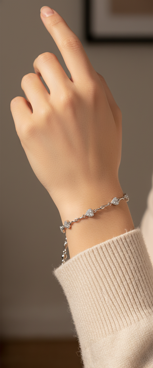 Silver Tone Crystal Heart & Bead Bracelet