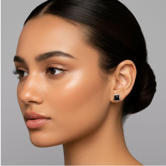 Silver Square Studs with Jet Black Gem