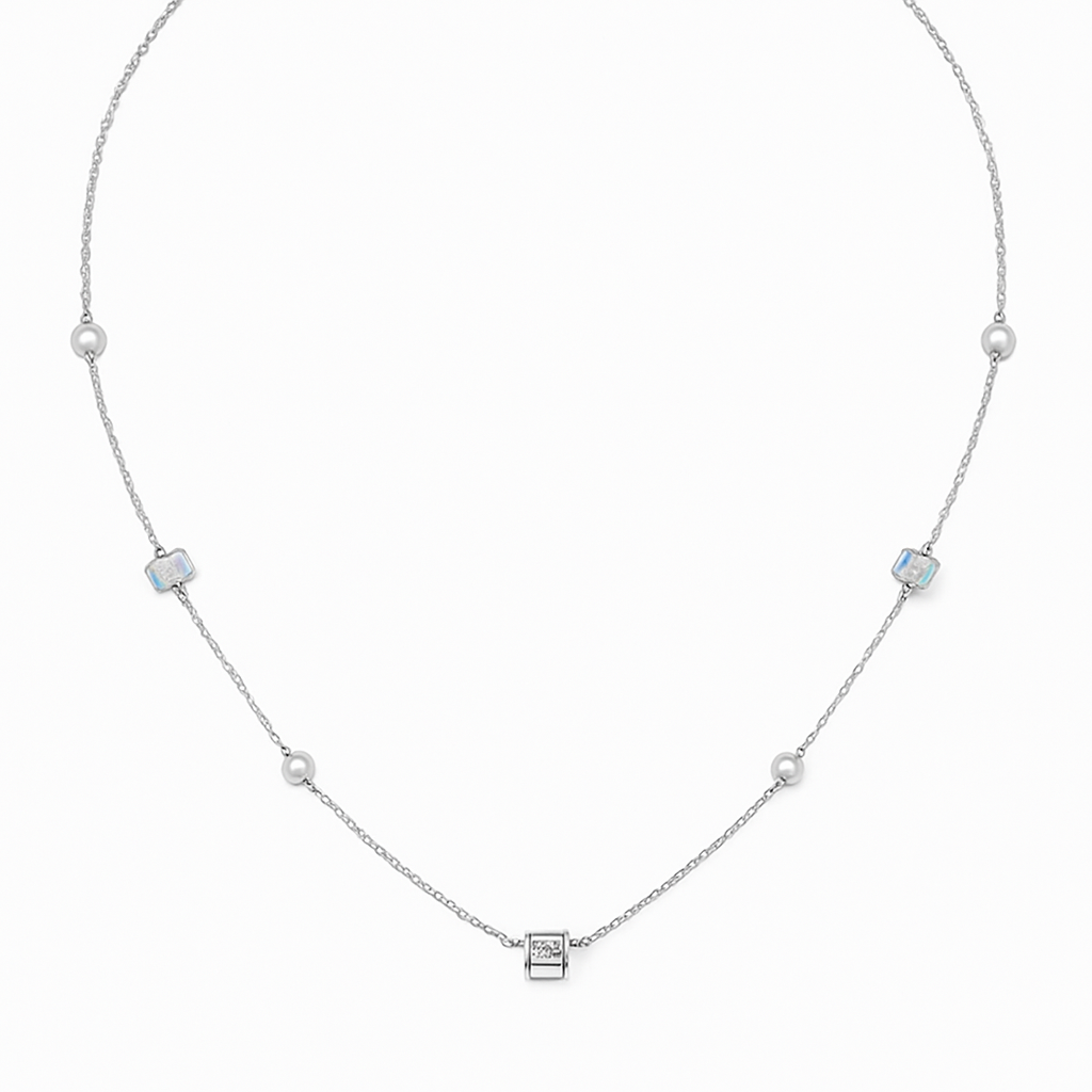Delicate silver necklace adorned with pearls and crystals