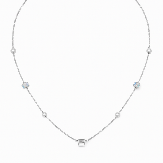 Delicate silver necklace adorned with pearls and crystals