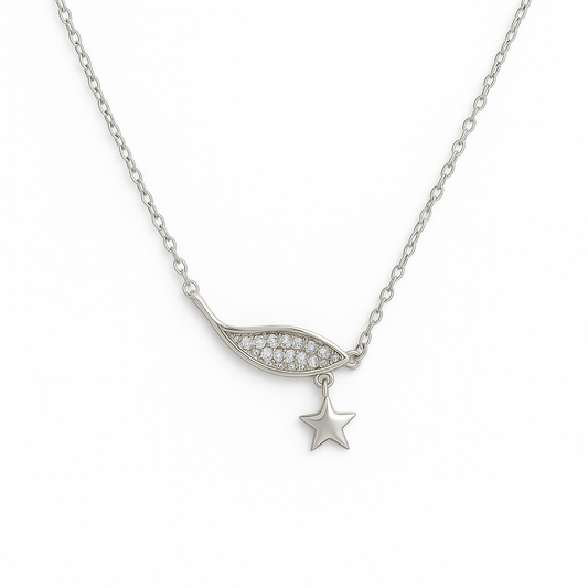 Elegant silver pendant featuring a sparkling wing design with a dangling star charm