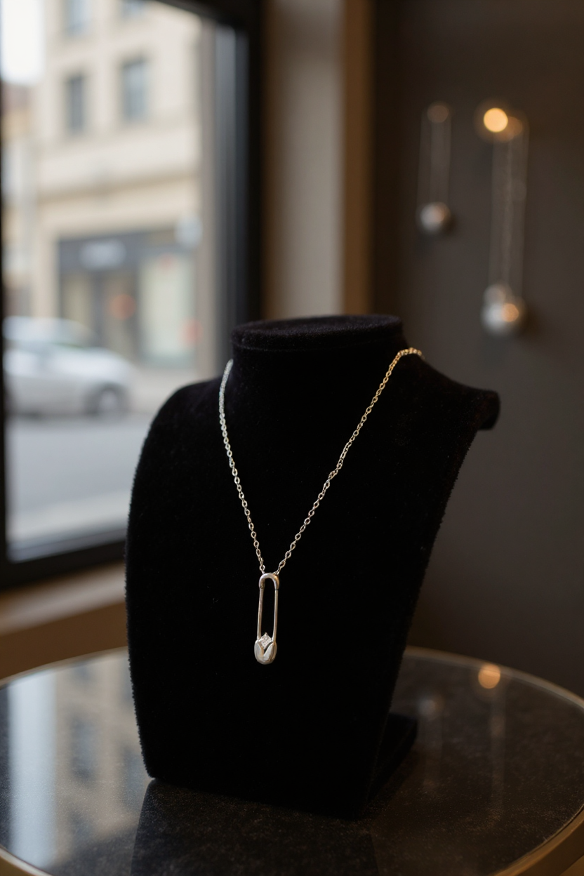 Elegant silver safety pin pendant with a sparkling stone