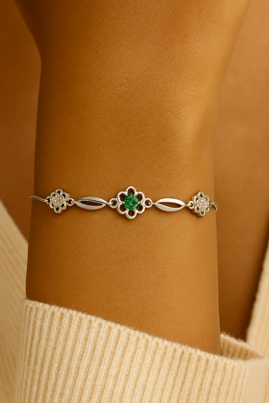 Elegant Silver-Tone Floral Bolo with Green Center