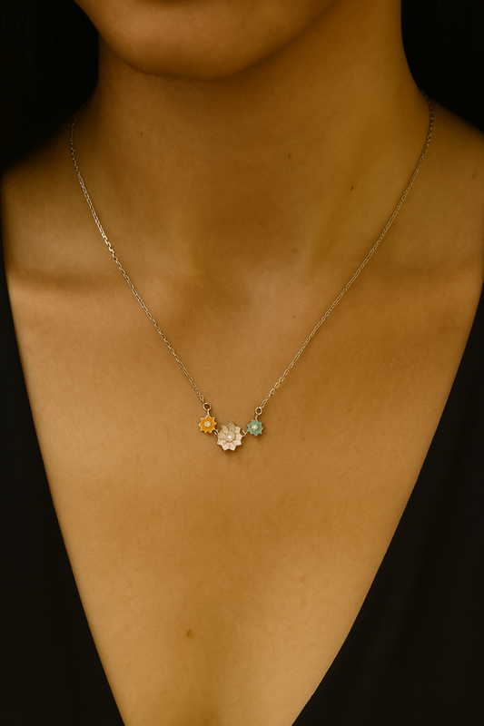 Delicate sterling silver necklace featuring three colorful floral charms