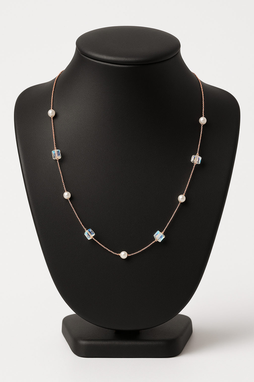Delicate rose gold necklace adorned with pearls and crystals