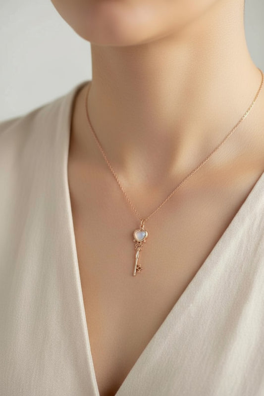 Charming rose gold key pendant with a heart design
