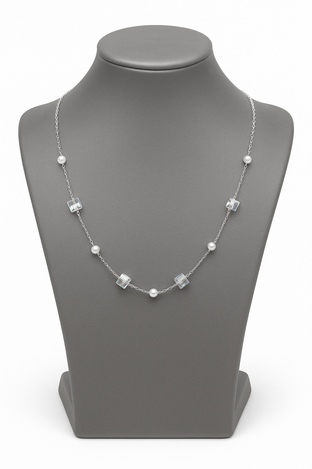Delicate silver necklace adorned with pearls and crystals
