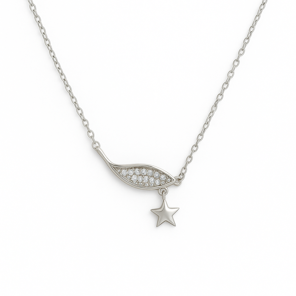Elegant silver pendant featuring a sparkling wing design with a dangling star charm