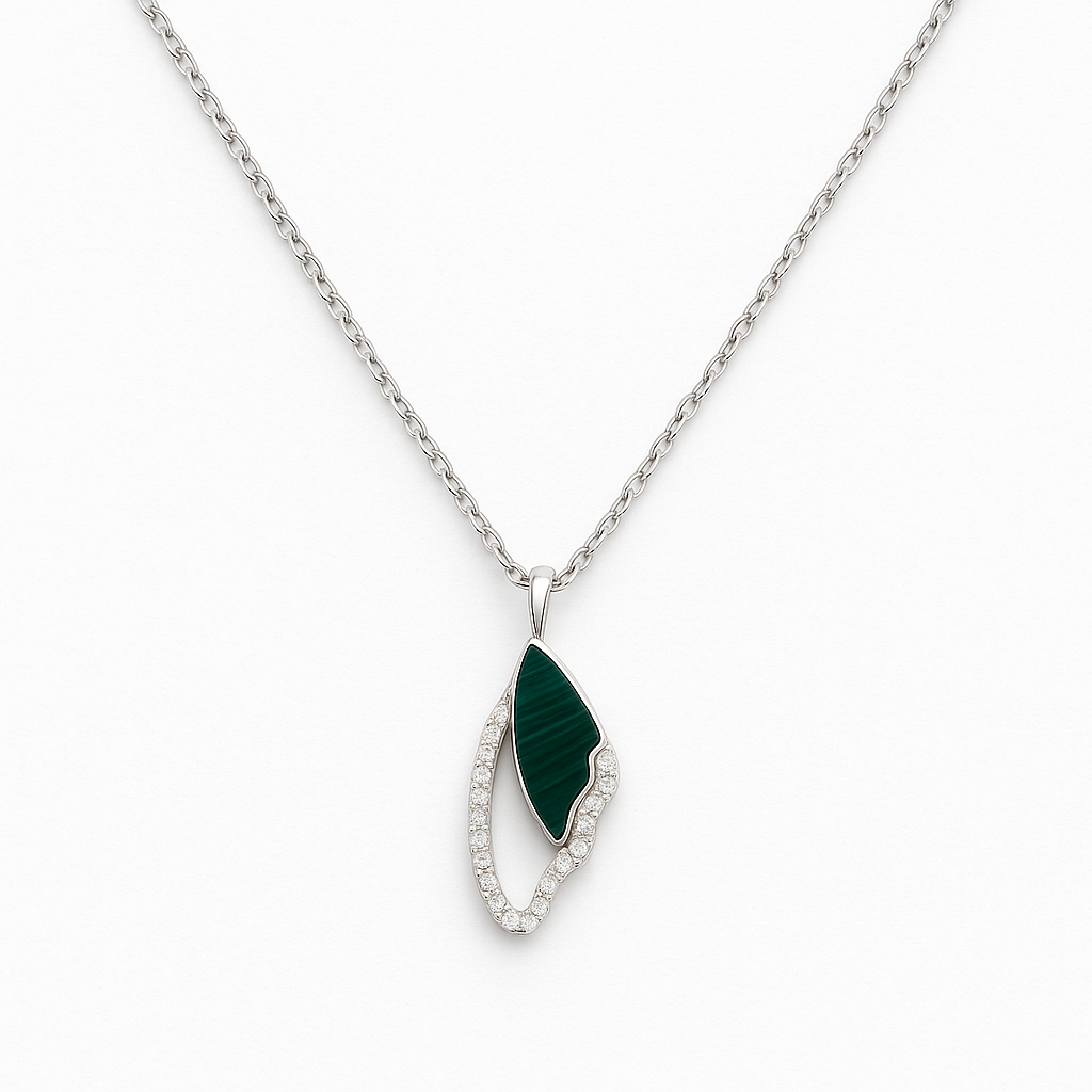 Elegant silver Butterfly Wing pendant with a touch of green enamel and sparkling stones